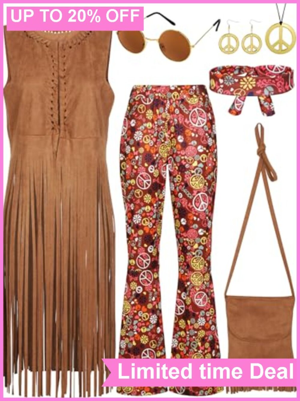 SOMSOC Womens 7 Piece 70s Hippie Costume Fringe Vest Pants Bag Headband Set